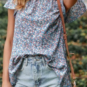 Short Sleeve Small Floral Regular Loose Shirt For Women, Blouses, color:Blue|size:XXL, catalog Noracora shop