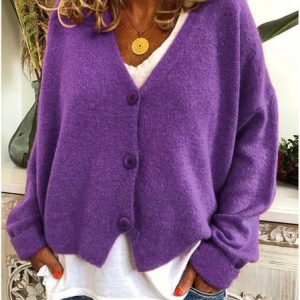 Women Wool/Knitting Plain Long Sleeve Comfy Casual Cardigan, Cardigans, color:Purple|size:3XL, catalog Noracora shop