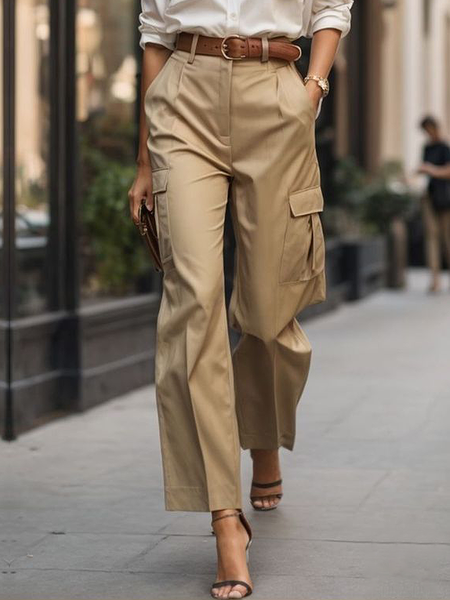 Loose Pocket Stitching Plain Urban Cargo Long Pants Cargo pants, Pants, color:Khaki|size:XXL, Stylewe