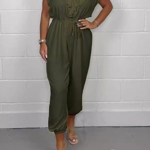 Women Short Sleeve Crew Neck Regular Fit Ankle Pants Pocket Stitching Daily Casual Plain Natural Jumpsuit, Jumpsuits&Rompers, color:Army Green|size:XXL, catalog Noracora shop