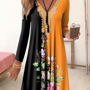 Women Floral V Neck Long Sleeve Comfy Casual Midi Dress, Dresses, color:Orange|size:XXL, catalog Noracora shop