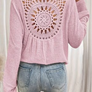 Casual Plain V Neck Long Sleeve T-shirt, T-shirts, color:Pink|size:3XL, catalog Noracora shop