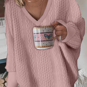 Casual V Neck Plain Sweatshirt Jacquard, Hoodies & Sweatshirts, color:Dusty Pink|size:3XL, catalog Noracora shop