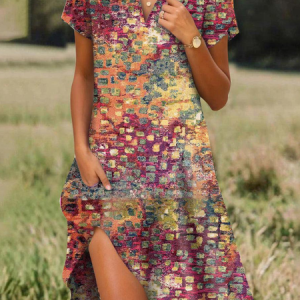 Women Abstract Shawl Collar Short Sleeve Comfy Casual Mini Dress, Midi, color:Multicolor|size:XXL, catalog Noracora shop