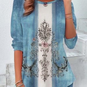 Ethnic Floral Design Round Neck Loose Long Sleeve T-Shirt, Long sleeves, Lilicloth.com