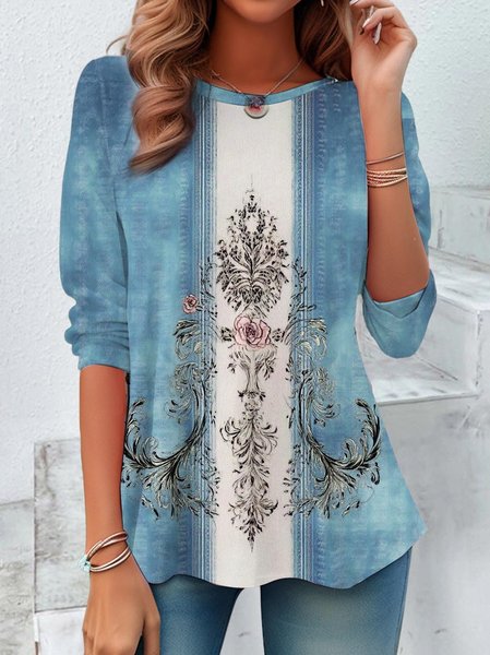 Ethnic Floral Design Round Neck Loose Long Sleeve T-Shirt, Long sleeves, Lilicloth.com