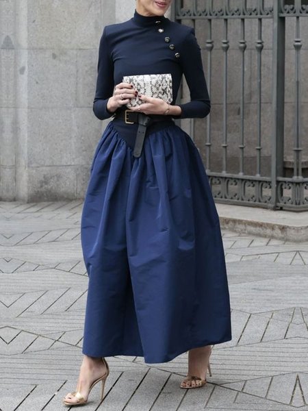 Urban Plain Pockets Stand Collar Buttoned Dress With No Belt, Maxi Dresses, color:Deep Blue|size:XXL, Stylewe