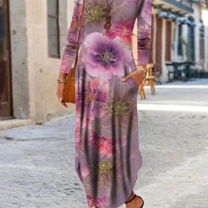 Women Floral Crew Neck Long Sleeve Comfy Casual Maxi Dress, Dresses, color:Pink|size:XXL, catalog Noracora shop