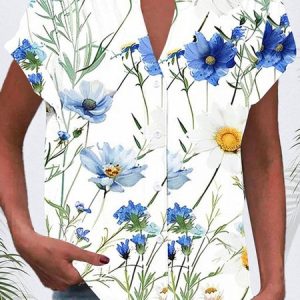 V Neck Short Sleeve Abstract Buckle Regular Micro-Elasticity Loose Shirt For Women, Shirts, color:white-blue|size:5XL, catalog Noracora shop