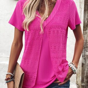 V Neck Short Sleeve Ditsy Floral Lace Regular Micro-Elasticity Loose Shirt For Women, Blouses, color:Pink|size:XXL, catalog Noracora shop