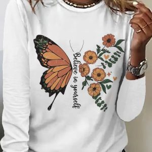 Casual Floral Crew Neck Long Sleeve T-shirt, T-shirts, color:White|size:XXL, catalog Noracora shop