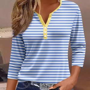 Women's Three Quarter Sleeve Tee T-shirt Spring/Fall Striped Jersey V Neck Daily Going Out Casual Top Blue, JustFashionNow T-Shirts, color:Blue|size:XXL,