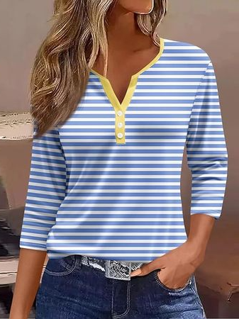 Women's Three Quarter Sleeve Tee T-shirt Spring/Fall Striped Jersey V Neck Daily Going Out Casual Top Blue, JustFashionNow T-Shirts, color:Blue|size:XXL,