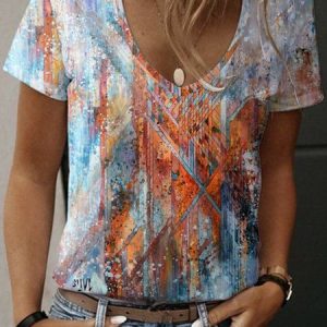 Casual Abstract V Neck Short Sleeve T-shirt, T-shirts, color:As Picture|size:3XL, catalog Noracora shop