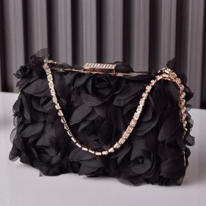 Elegant Mesh Rose Applique Clutch Bag with Rhinestone Handle, Bags, color:Black|size:One-size, Stylewe