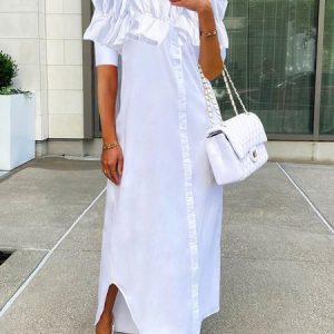 Elegant Pocket Stitching Plain Loosen Shirt Dress, Maxi Dresses, color:White|size:XXL, Stylewe