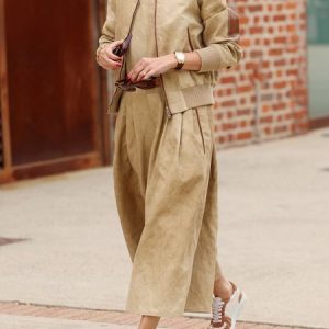 Pocket Stitching Urban Regular Fit Faux Leather Jumpsuit With No Belt, Jumpsuits, color:Khaki|size:XXL, Stylewe