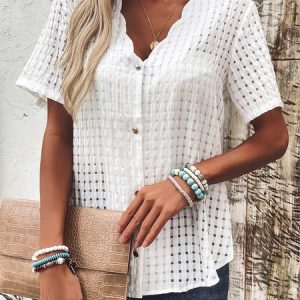 V Neck Short Sleeve Plaid Buckle Regular Loose TUNIC Blouse For Women, Blouses, color:White|size:XXL, catalog Noracora shop