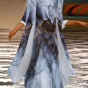 Women Random Print Crew Neck Three Quarter Sleeve Comfy Casual Coat With Skirt Two-Piece Set, Maxi, color:As Picture|size:3XL, catalog Noracora shop