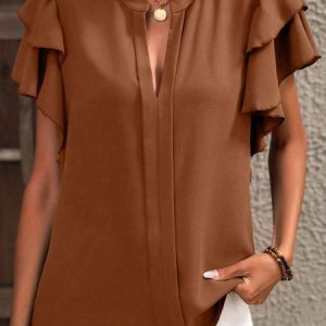 V Neck Short Sleeve Plain Regular Loose Shirt For Women, Blouses, color:Caramel|size:XXL, catalog Noracora shop