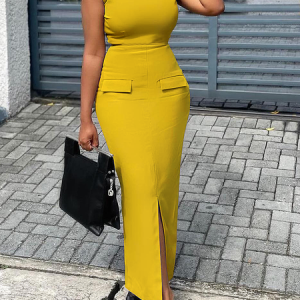 Medium Elasticity Stand Collar Sleeveless Elegant Maxi Dress, Maxi Dresses, color:Yellow|size:XXL, Stylewe