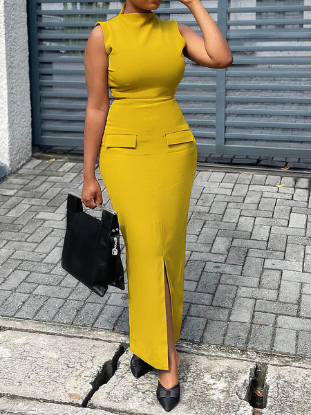 Medium Elasticity Stand Collar Sleeveless Elegant Maxi Dress, Maxi Dresses, color:Yellow|size:XXL, Stylewe