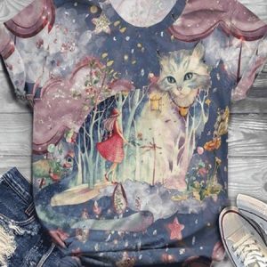 Casual Cat V Neck Short Sleeve T-shirt, T-shirts, color:Gray Purple|size:XXL, catalog Noracora shop