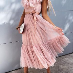 Women Plain Lotus Leaf Collar Short Sleeve Comfy Casual Lace Maxi Dress, Midi, color:Pink|size:3XL, catalog Noracora shop