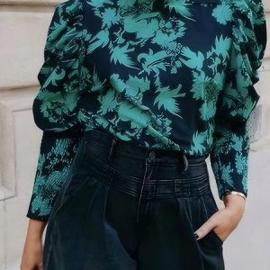Printing Regular Sleeve Elegant Floral Stand Collar Blouse, Blouses and Shirts, color:Green|size:XXL, Stylewe