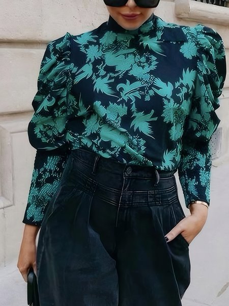 Printing Regular Sleeve Elegant Floral Stand Collar Blouse, Blouses and Shirts, color:Green|size:XXL, Stylewe