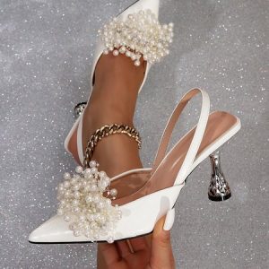 Elegant White Imitation Pearl Pyramid Heeled Slingback Pumps, Heels, color:White|size:41, Stylewe