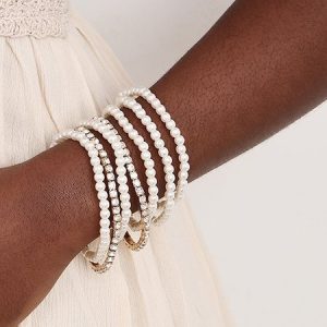 7pcs/set Elegant Imitation Pearl Rhinestone Bracelets, Bracelets, color:Silver|size:One-size, Stylewe