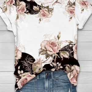 Casual Floral Crew Neck Short Sleeve T-shirt, T-shirts, color:White|size:XXL, catalog Noracora shop