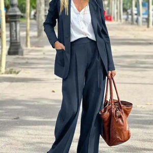 Women Plain Two-Piece Set Daily Long Sleeve Casual Spring/Fall Top With Pants Matching Set, JustFashionNow Suit Set, color:Navyblue|size:5XL,