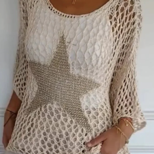Women Yarn/Wool Yarn Star Three Quarter Sleeve Comfy Casual Sweater, Sweaters, color:Apricot|size:5XL, catalog Noracora shop