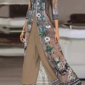 Women Ethnic Crew Neck Three Quarter Sleeve Comfy Casual Top With Pants Two-Piece Set, Sets, color:Coffee|size:3XL, catalog Noracora shop