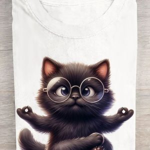 Funny Black Cat Printed Crew Neck Casual T-Shirt, T-shirts, Lilicloth.com