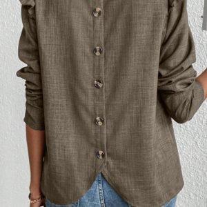 Crew Neck Long Sleeve Plain Buckle Regular Loose Blouse For Women, Blouses, color:Khaki|size:3XL, catalog Noracora shop