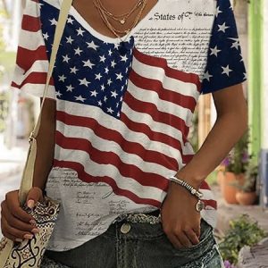 Casual Loose V Neck Independence Day T-Shirt, T-shirts, Lilicloth.com
