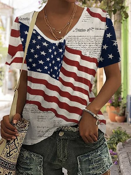 Casual Loose V Neck Independence Day T-Shirt, T-shirts, Lilicloth.com