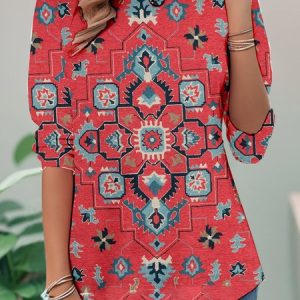 Casual Ethnic Crew Neck Long Sleeve T-shirt, Blouses, color:Red|size:XXL, catalog Noracora shop