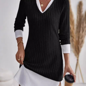 Women Color Block V Neck Long Sleeve Comfy Casual Mini Dress, Dresses, color:Black|size:XL, catalog Noracora shop