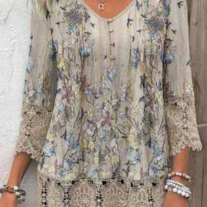 Women's Floral Three Quarter Sleeve Blouse_ Spring/Fall Lace V Neck Daily Casual Top, JustFashionNow Shirts, color:Khaki|size:5XL,