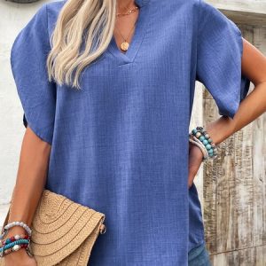 V Neck Short Sleeve Plain Regular Regular Fit Shirt For Women, Blouses, color:Pink|size:XXL, catalog Noracora shop