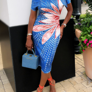 Floral Elegant Tight Asymmetrical Neck Midi Dress, Midi Dresses, color:Blue|size:XXL, Stylewe