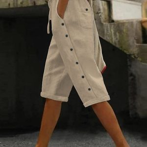 Casual Plain Capris Elastic Waist Buckle Pant, Pants, color:Khaki|size:XXL, catalog Noracora shop