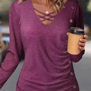 V Neck Long Sleeve Plain Regular Micro-Elasticity Loose Blouse For Women, Blouses, color:Wine Red|size:XXL, catalog Noracora shop