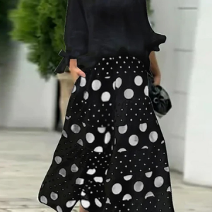 Women Polka Dots Three Quarter Sleeve Comfy Casual Top With Skirt Two-Piece Set, Sets, color:Black|size:3XL, catalog Noracora shop