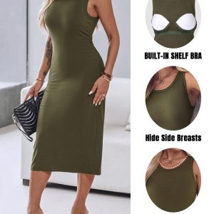 Shapewear Built-in Bra Tank Bodycon Dress Sleeveless Crew Neck Slim Casual Ribbed Mid-calf Dress, women Bodycon Dresses, ChicMe catalog