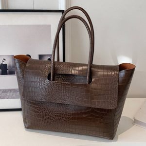 Crocodile Embossed Flip Cover Shoulder Bag Large Capacity Commuting Tote Bag, Bags, color:Coffee|size:One-size, Stylewe